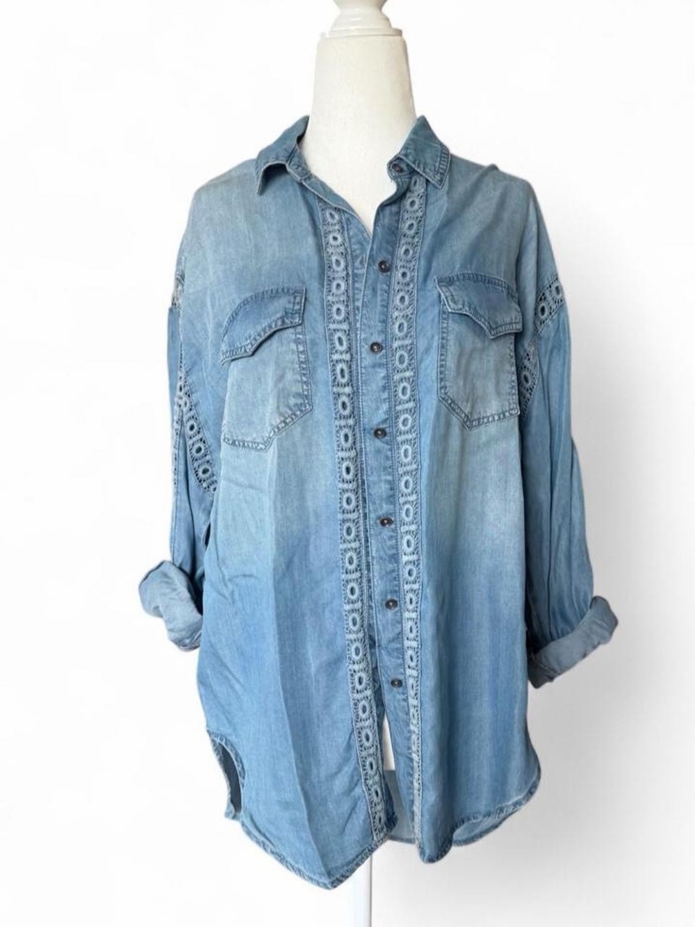 Vintage Inspired Boho Light Blue Denim-Style Button Front Shirt